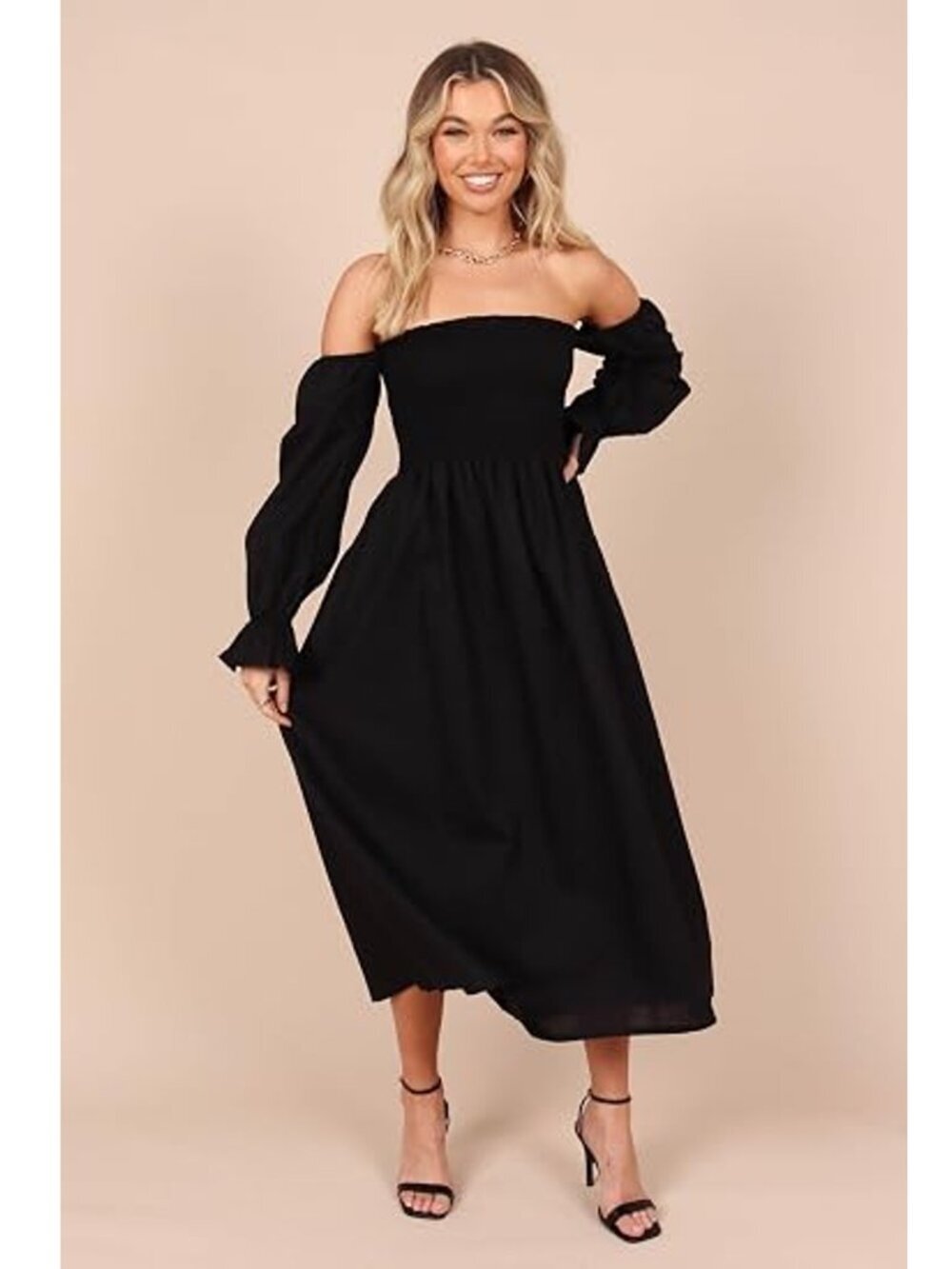 NWT New Petal & Pup Domenica Shirred Long Sleeve Midi Black Dress Size XL